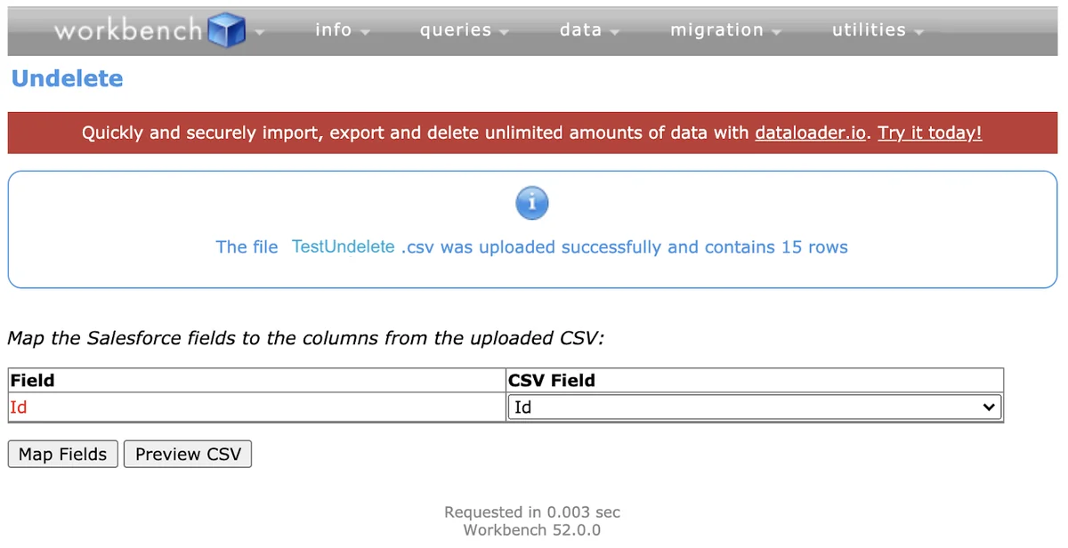Workbench undelete operation interface for restoring deleted records from Recycle Bin