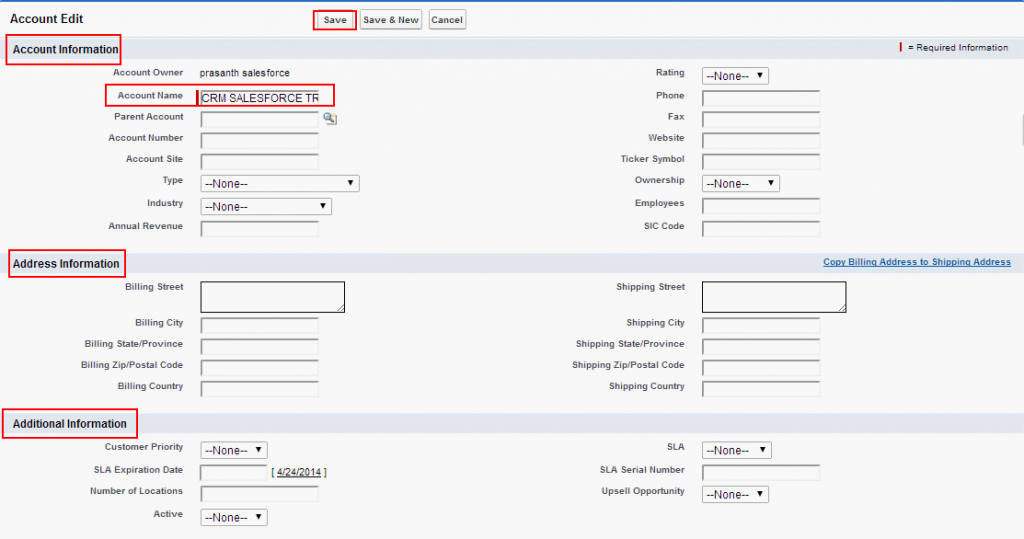 creating new account in salesforce
