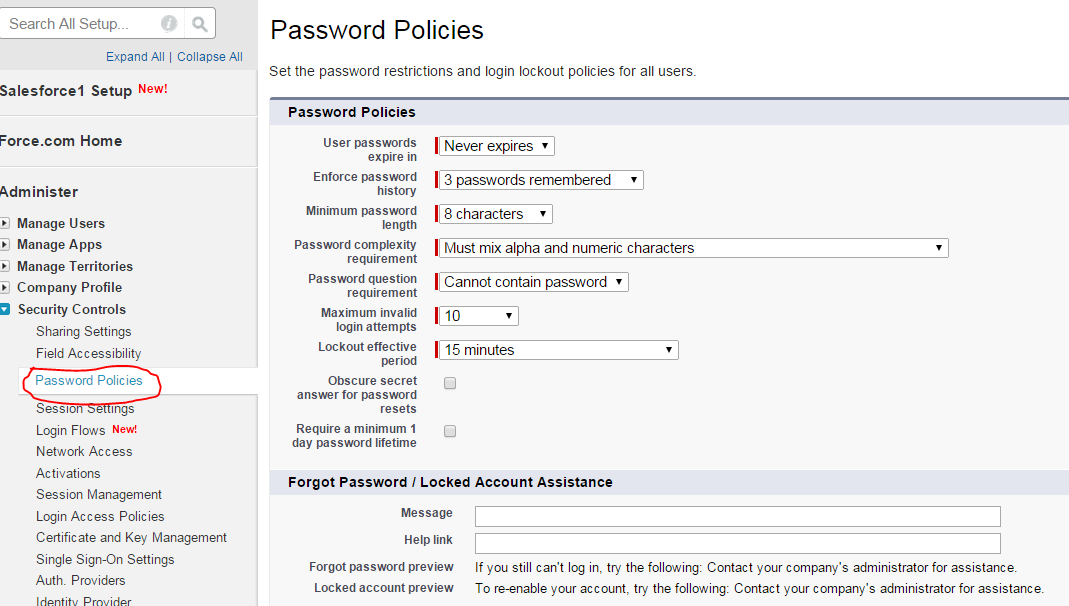 Password policies in Salesforce