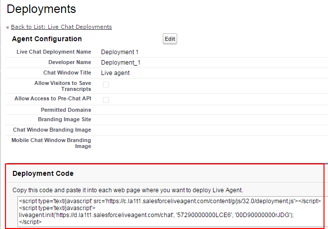 Deployment settings in live agent salesforce2